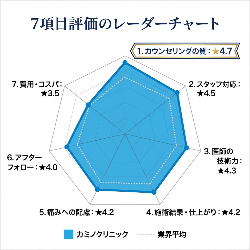 【業界平均比較】カミノクリニックの項目別評価レーダーチャート（20名アンケート調査結果）