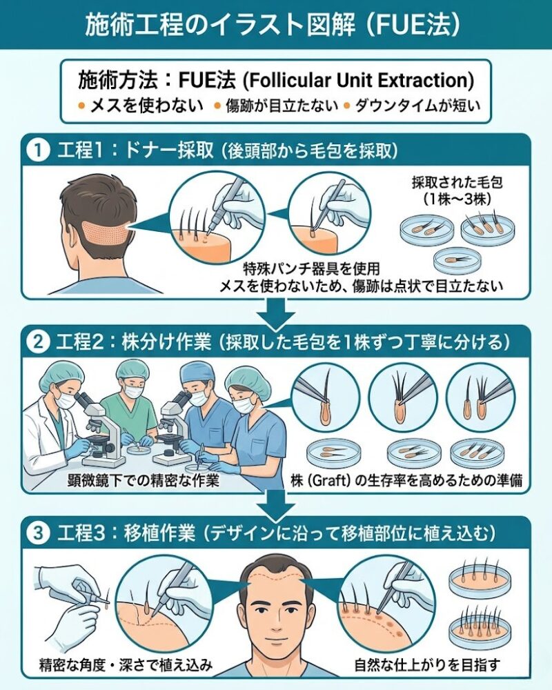 自毛植毛「FUE法」の施術工程（ドナー採取・株分け・移植）をイラストで解説した図解